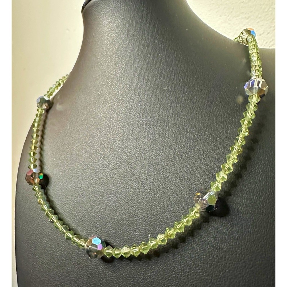Vintage Green Crystal Bicone Aurora Beads Sterling Silver 925 Necklace 16 in